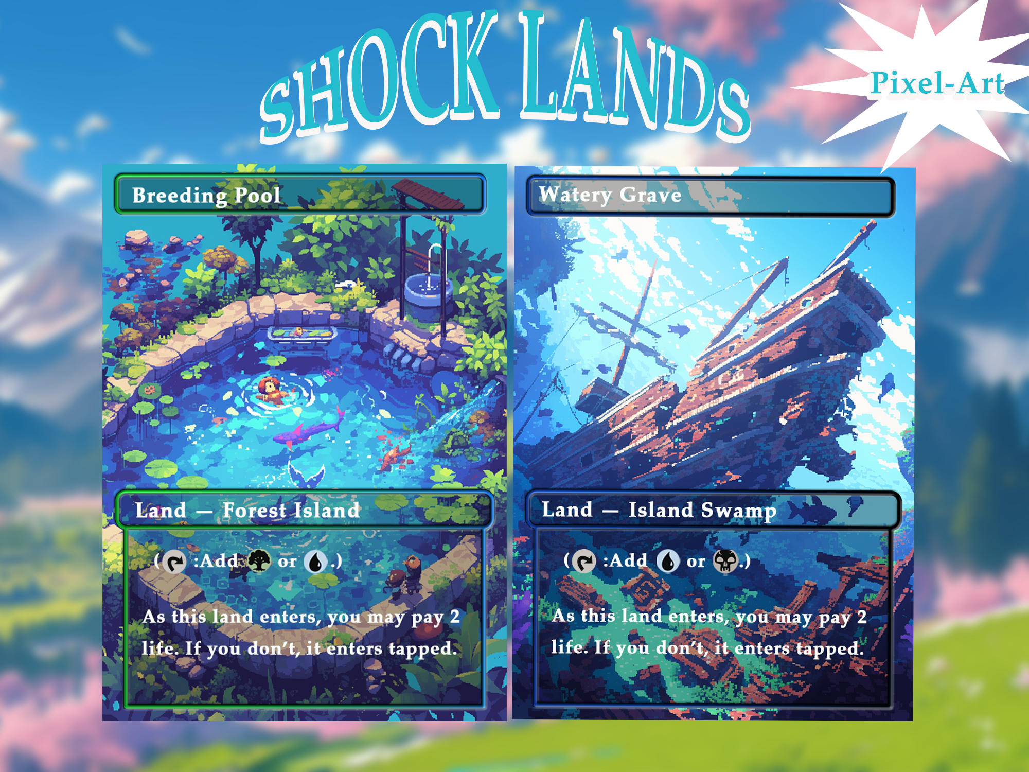 Shock land pack (10+ cards) Pixel-Art lands set of 10+ unique borderless custom proxy lands High quality lands for EDH or cEDH