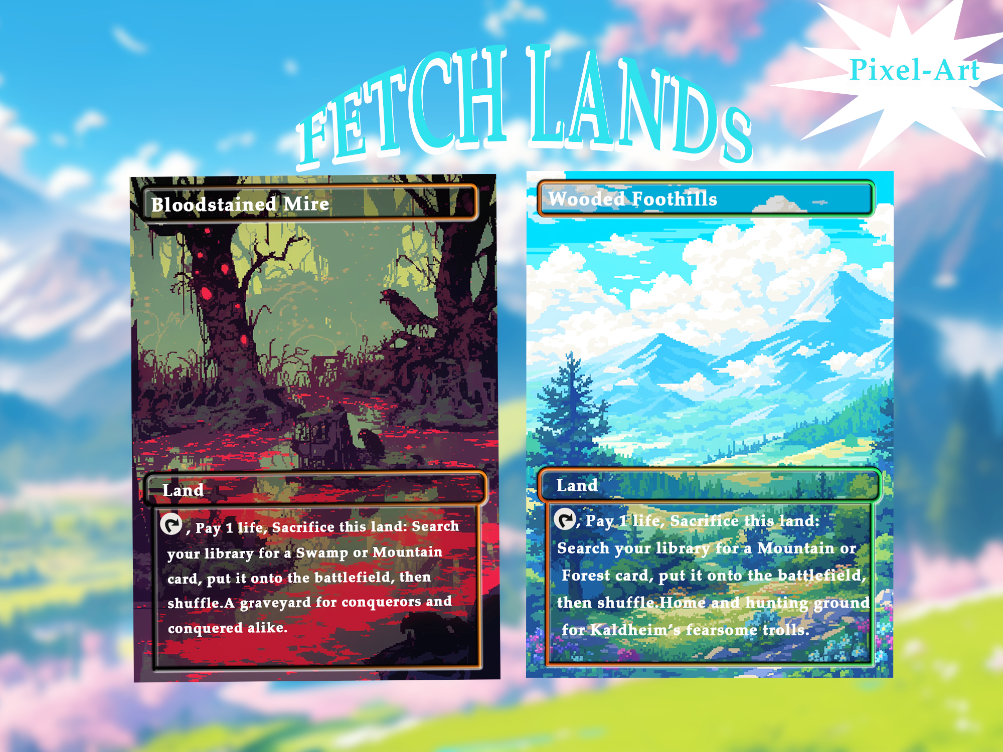 Fetch Lands pack (10+ cards) Pixel-Art lands set of 10+ unique borderless custom proxy lands High quality lands for EDH or cEDH