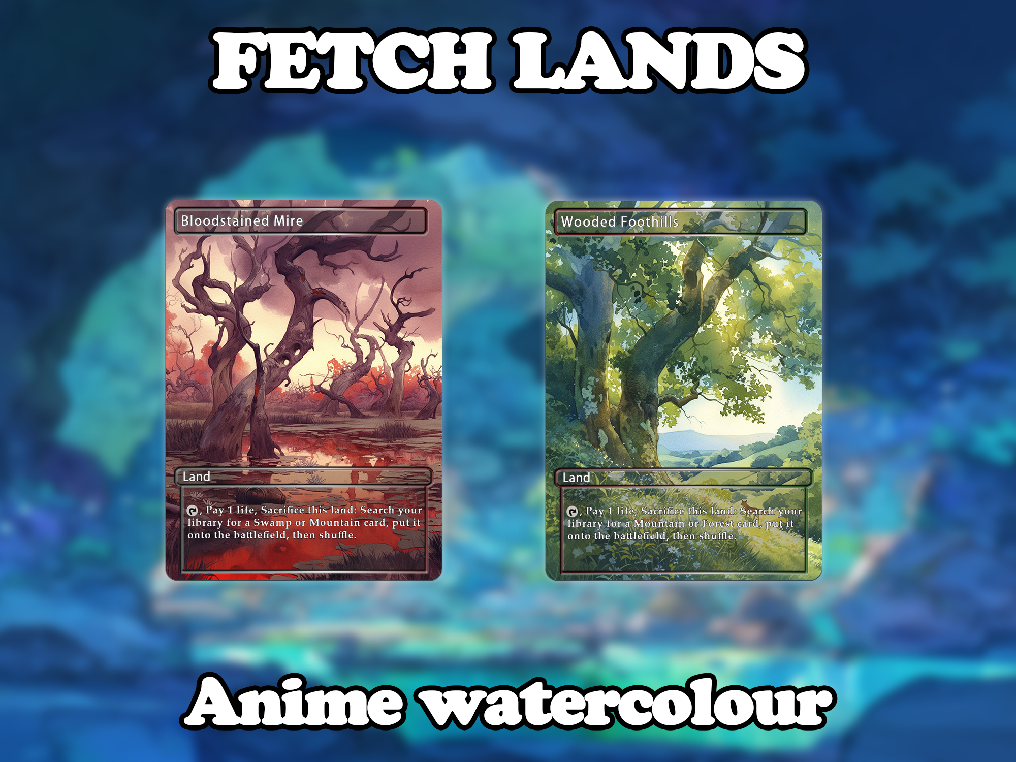 Fetch land pack (10 cards) Anime watercolour lands set of 10 unique borderless custom proxy lands High quality lands for EDH or cEDH
