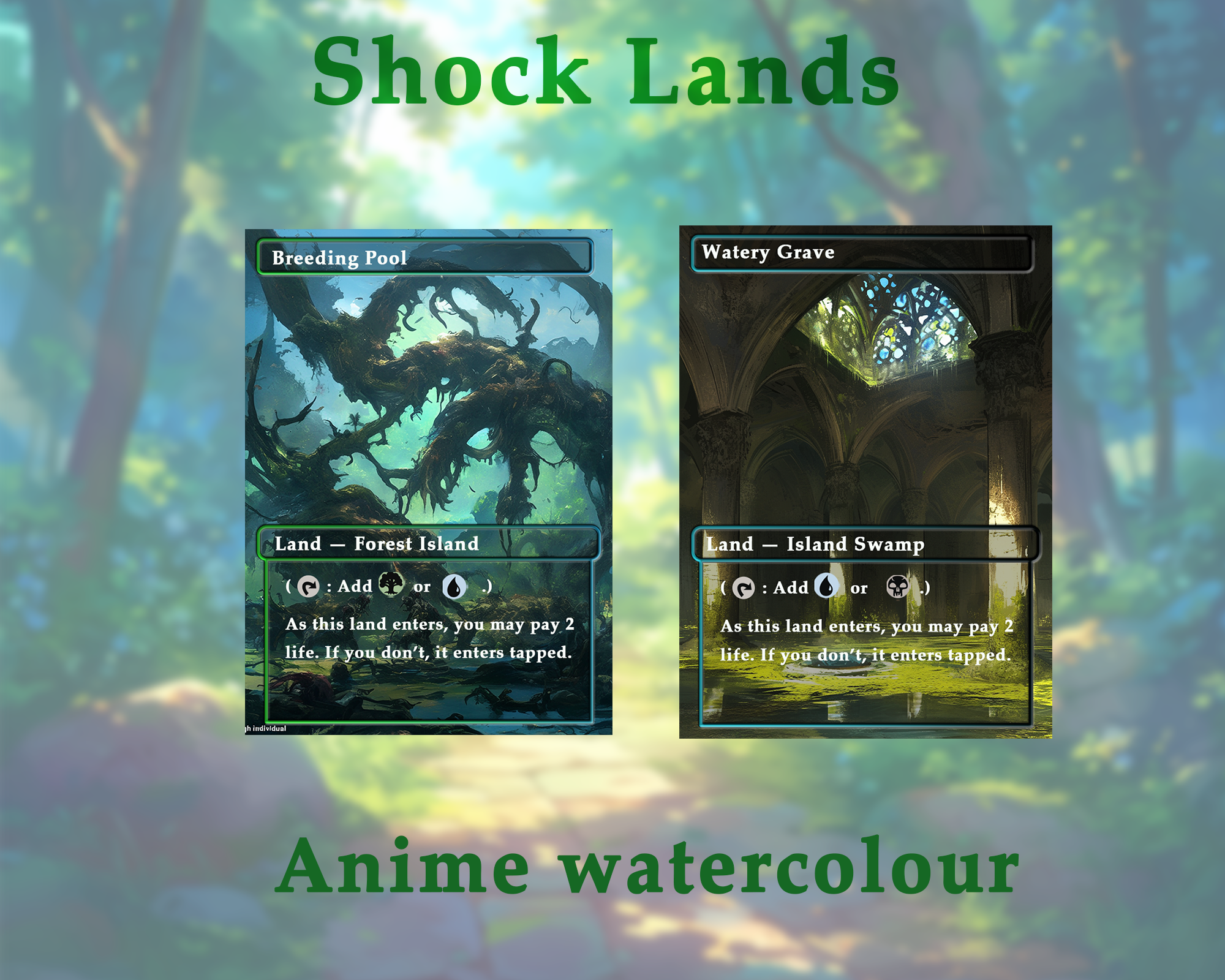 Shock land pack (10+ cards) Anime watercolour lands set of 10+ unique borderless custom MTG proxy lands High quality lands for EDH or cEDH