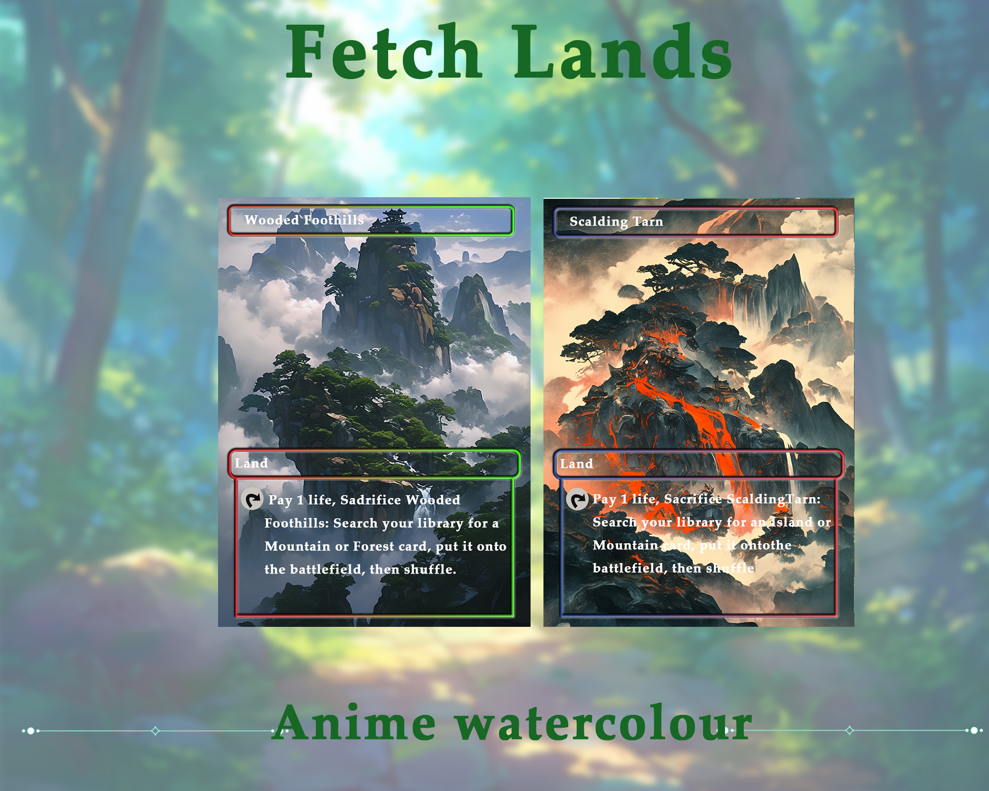 Fetch Lands pack (10+ cards) Anime watercolour lands set of 10+ unique borderless custom MTG proxy lands High quality lands for EDH or cEDH