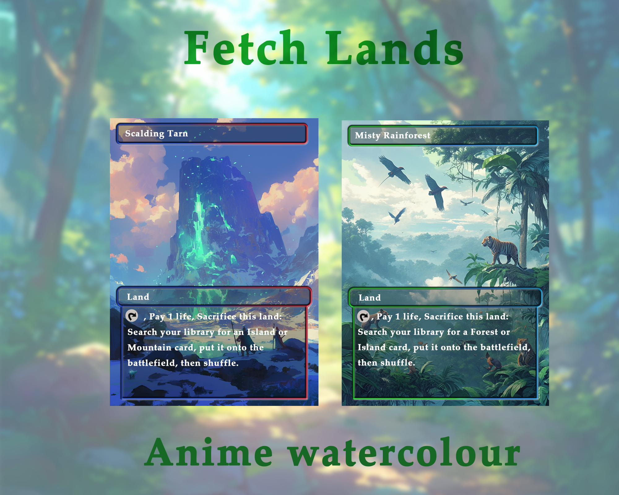 Fetch Lands pack (10+ cards) Anime watercolour lands set of 10+ unique borderless custom MTG proxy lands High quality lands for EDH or cEDH