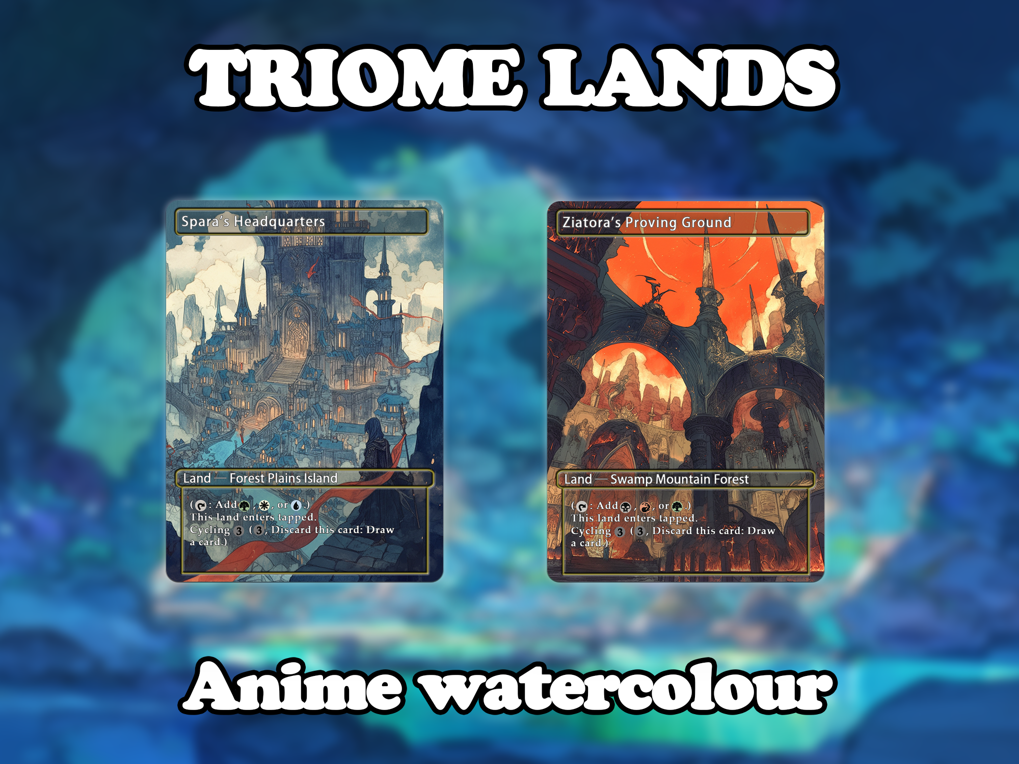 Triome land pack (10 cards) Anime watercolour lands set of 10 unique borderless custom proxy lands High quality lands for EDH or cEDH