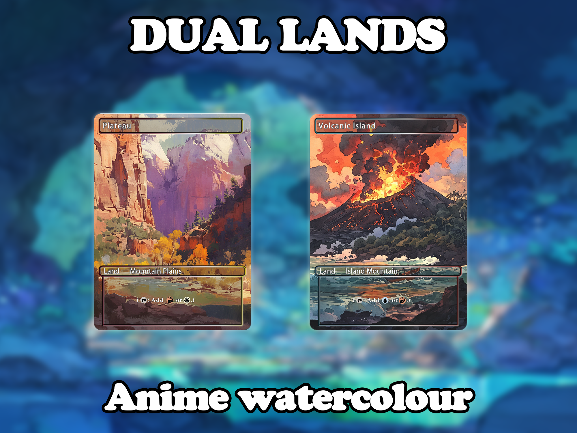 Dual land pack (10 cards) Anime watercolour lands set of 10 unique borderless custom proxy lands High quality lands for EDH or cEDH