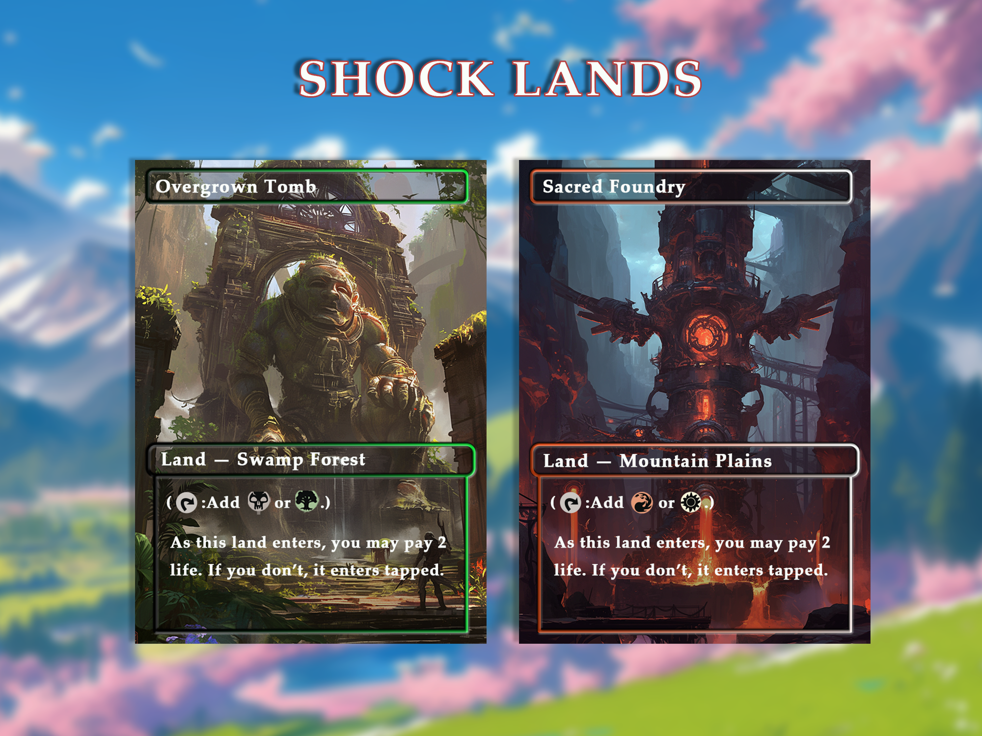 Shock land pack (10+ cards) Anime watercolour lands set of 10+ unique borderless custom proxy lands High quality lands for EDH or cEDH