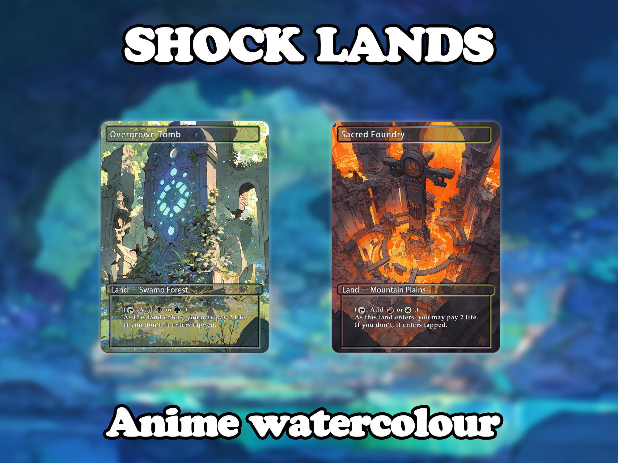 Shock land pack (10 cards) Anime watercolour lands set of 10 unique borderless custom proxy lands High quality lands for EDH or cEDH
