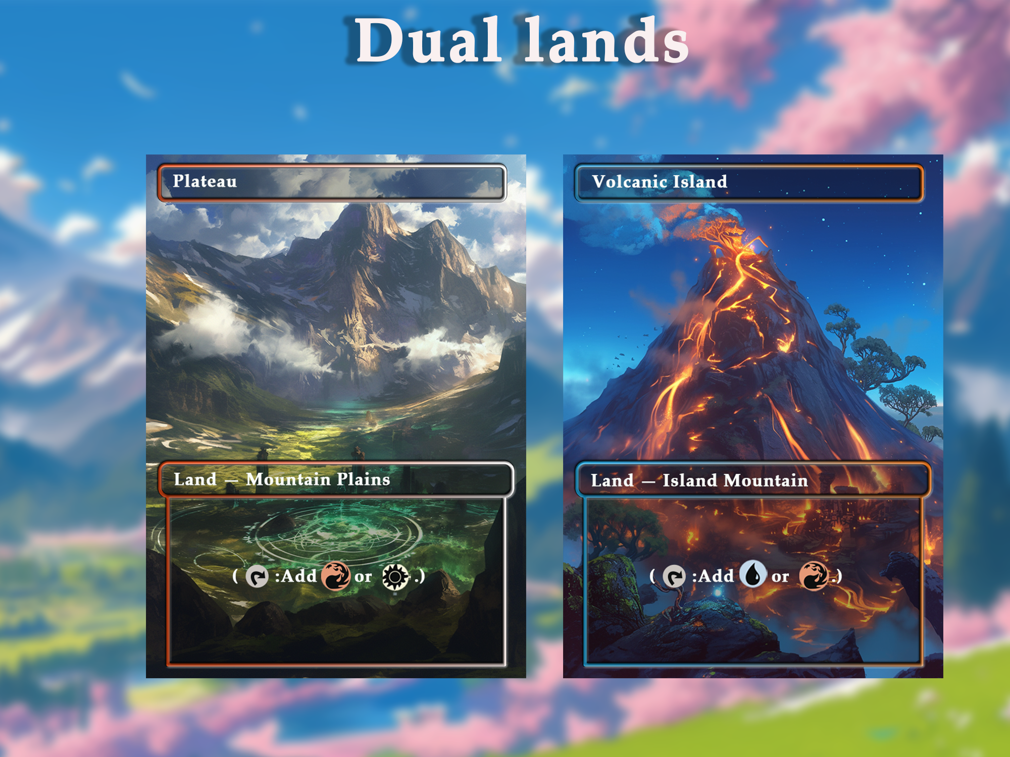 Dual land pack (10+ cards) Anime watercolour lands set of 10+ unique borderless custom proxy lands High quality lands for EDH or cEDH