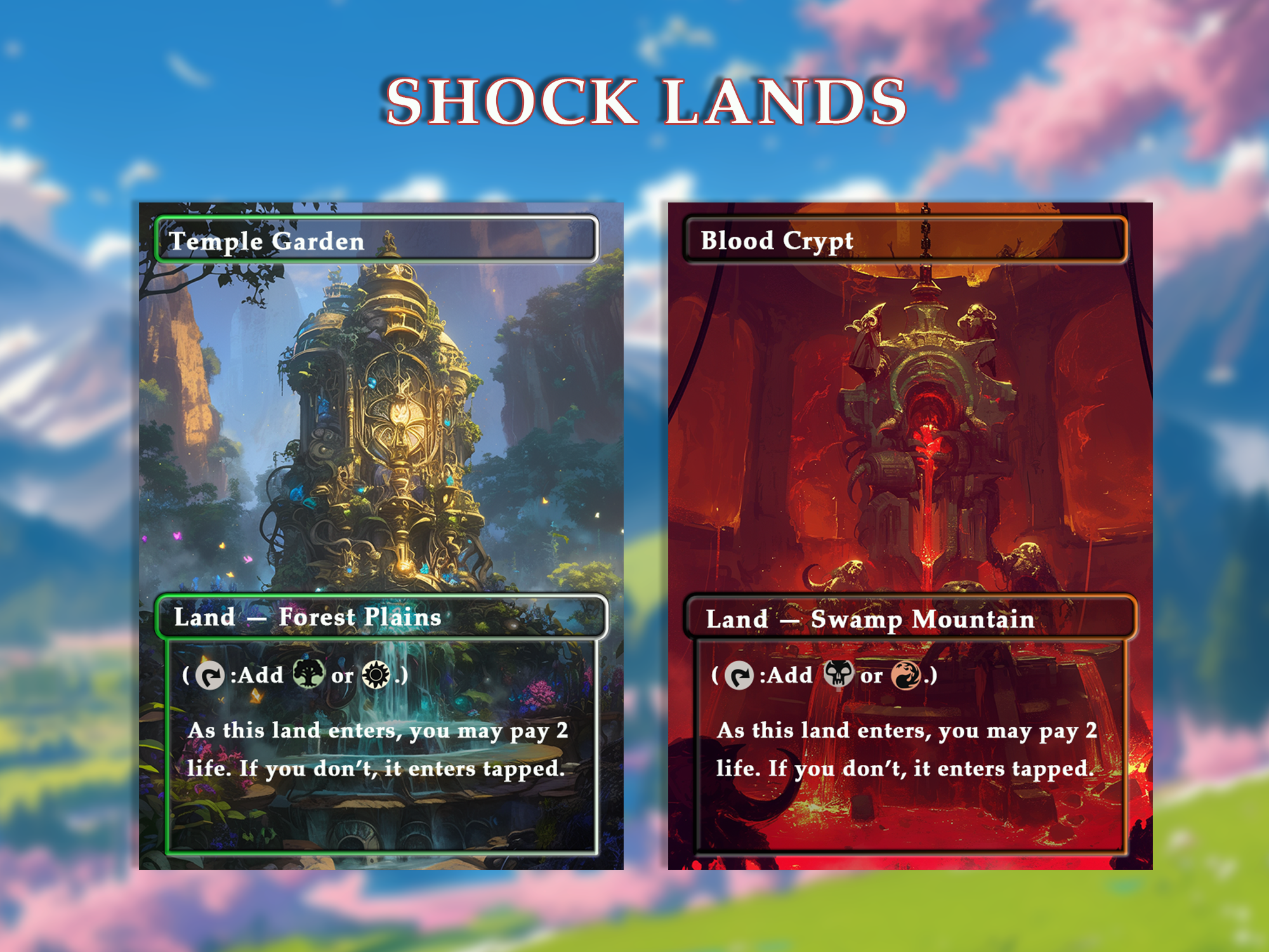 Shock land pack (10+ cards) Anime watercolour lands set of 10+ unique borderless custom proxy lands High quality lands for EDH or cEDH
