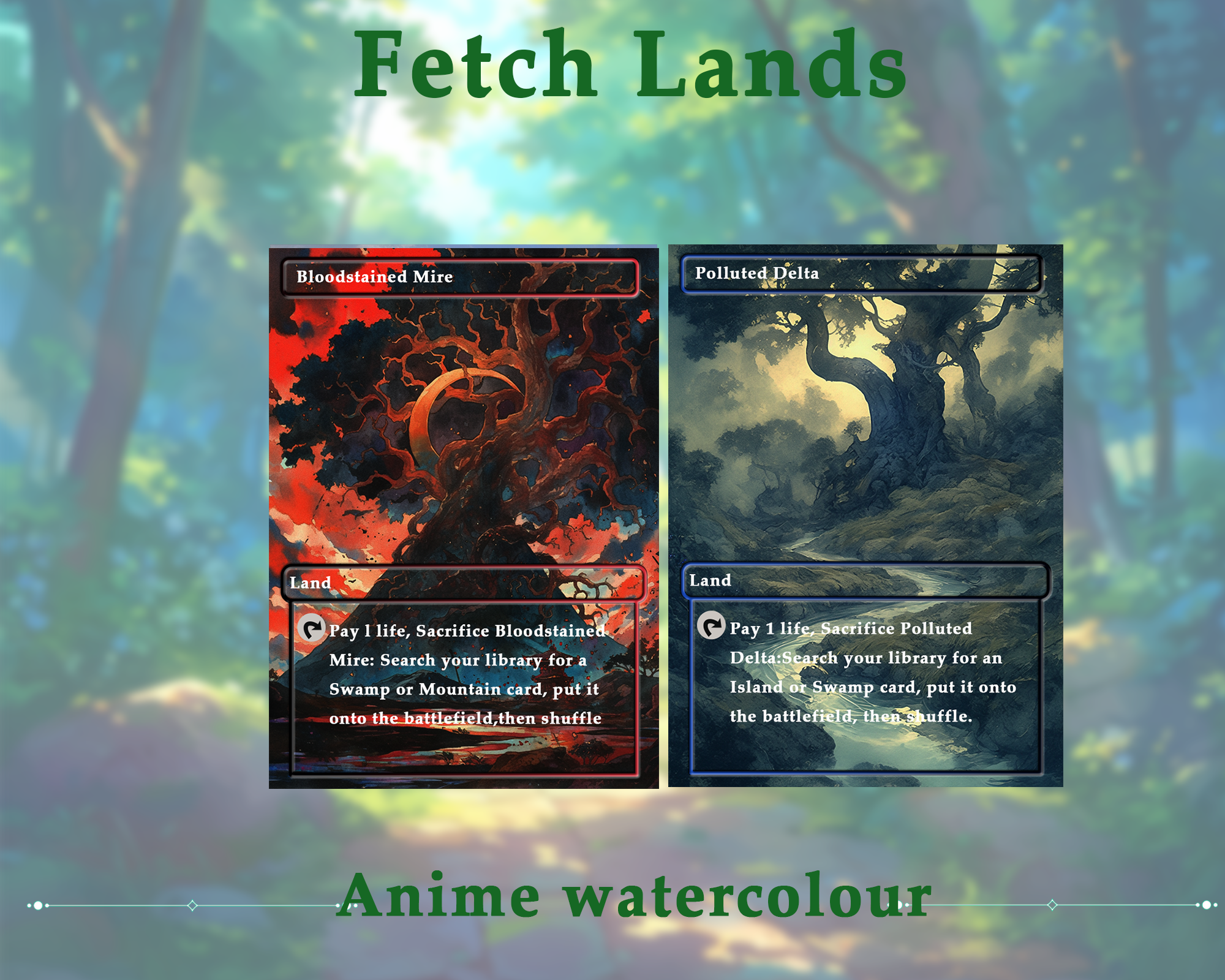 Fetch Lands pack (10+ cards) Anime watercolour lands set of 10+ unique borderless custom MTG proxy lands High quality lands for EDH or cEDH