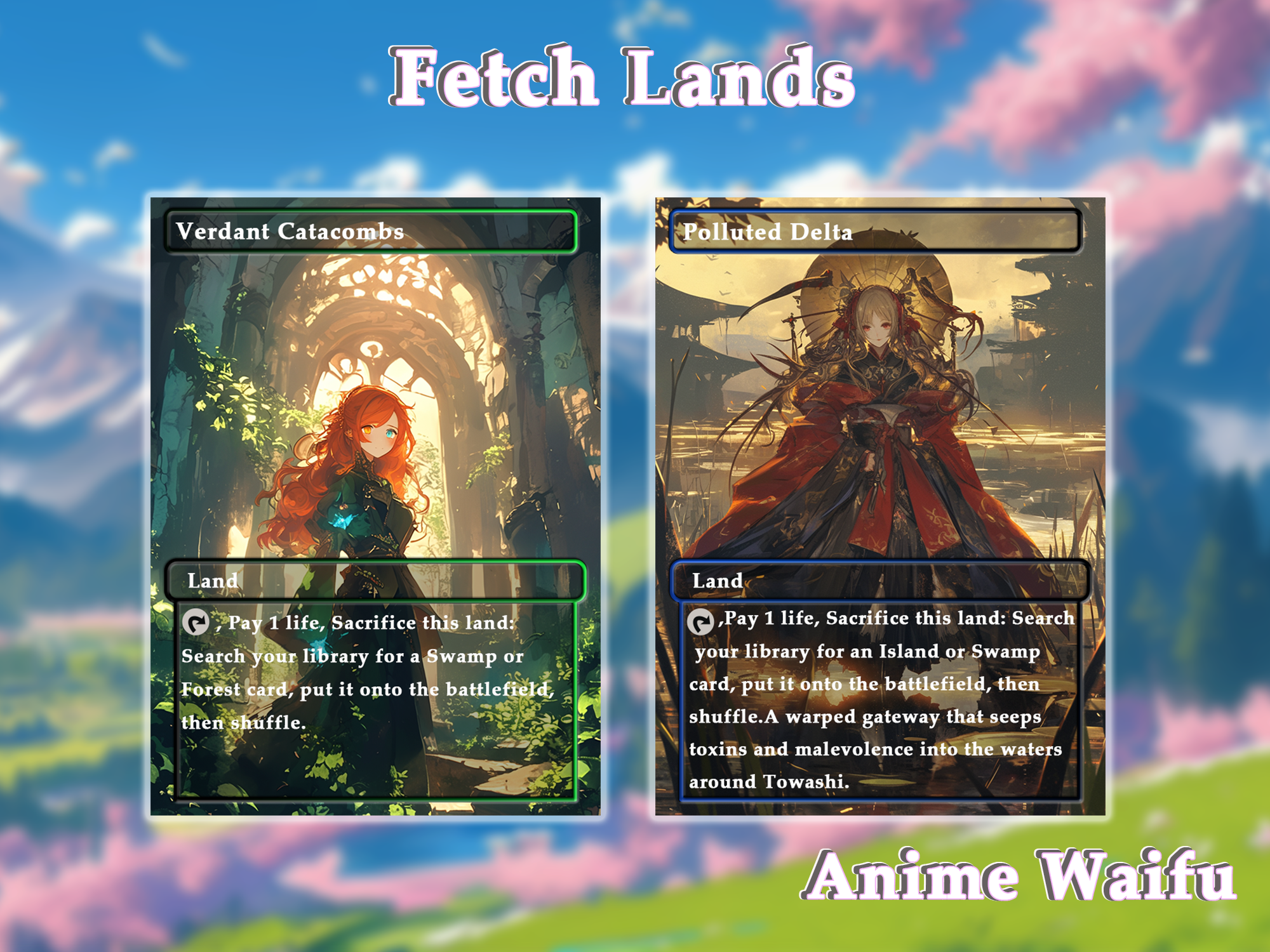 10 Fetch Lands Anime Style, Proxy Lands Custom Magic Cards for Commander EDH/cEDH, Anime Waifu Proxy Cards