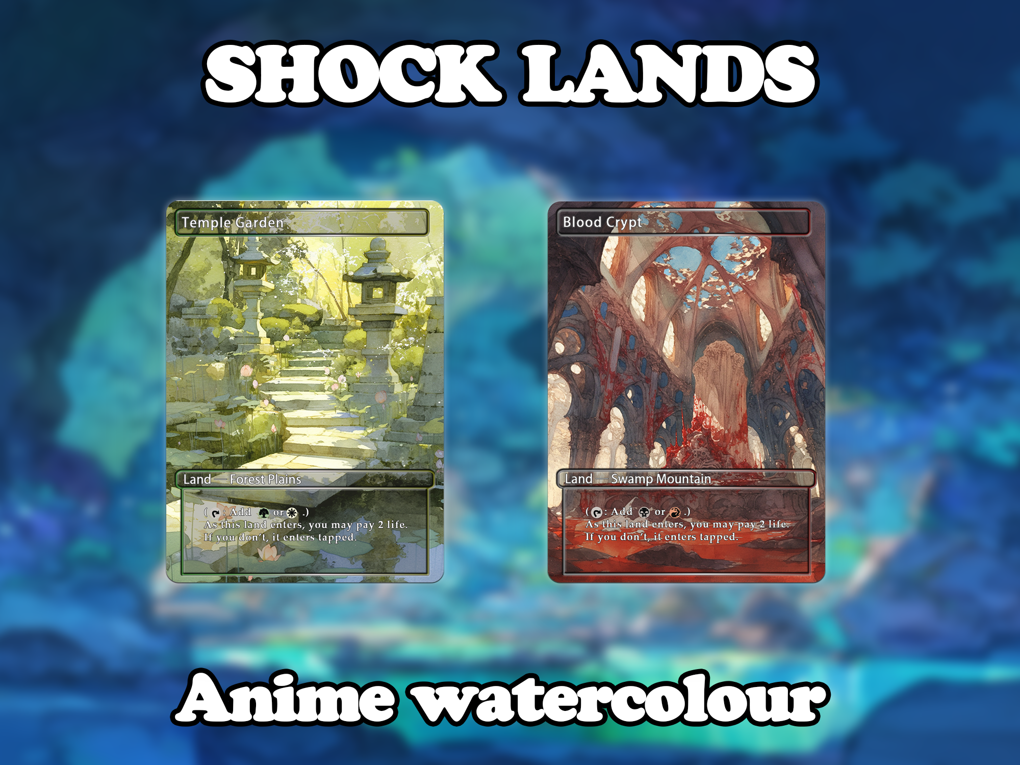 Shock land pack (10 cards) Anime watercolour lands set of 10 unique borderless custom proxy lands High quality lands for EDH or cEDH