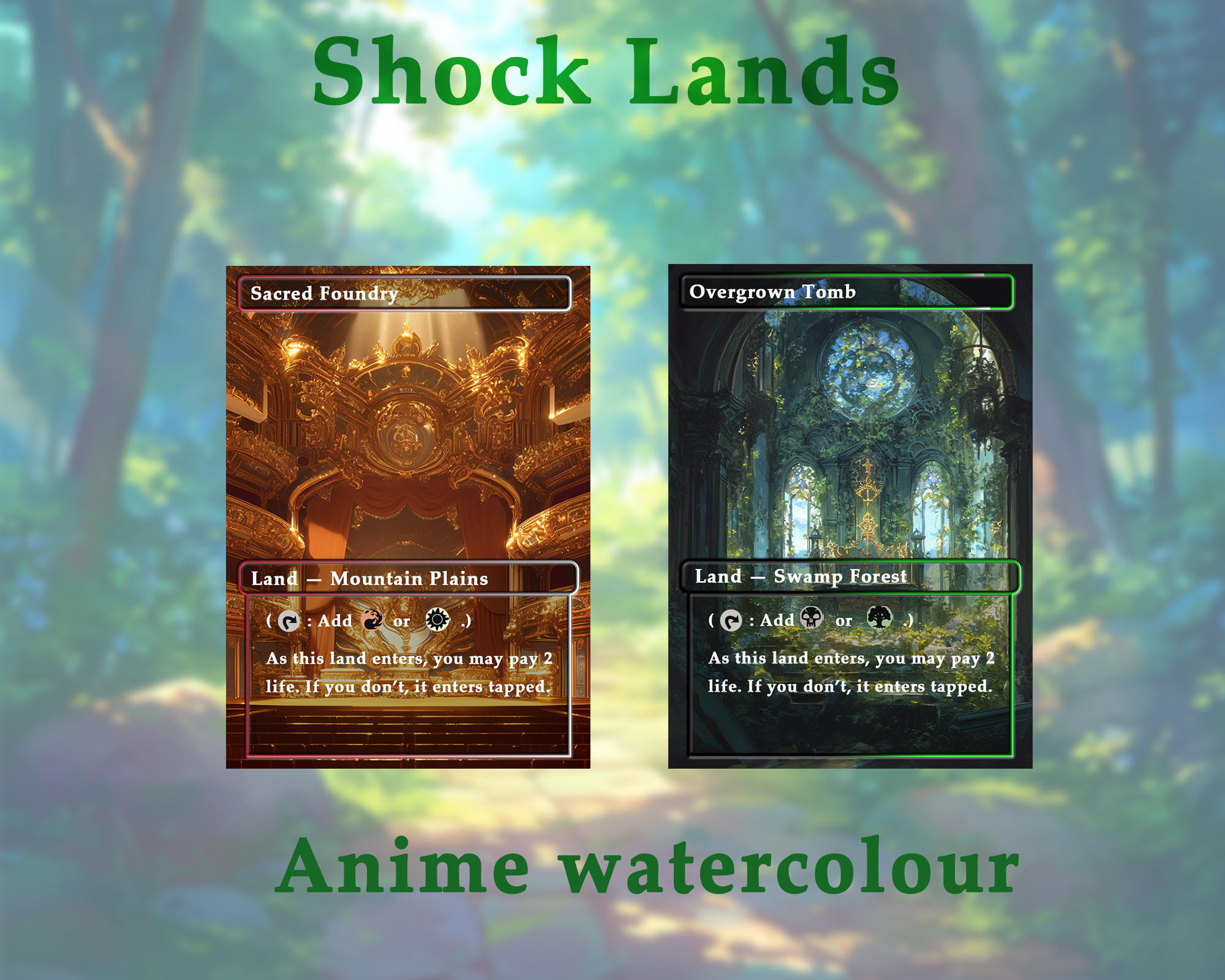 Shock land pack (10+ cards) Anime watercolour lands set of 10+ unique borderless custom MTG proxy lands High quality lands for EDH or cEDH