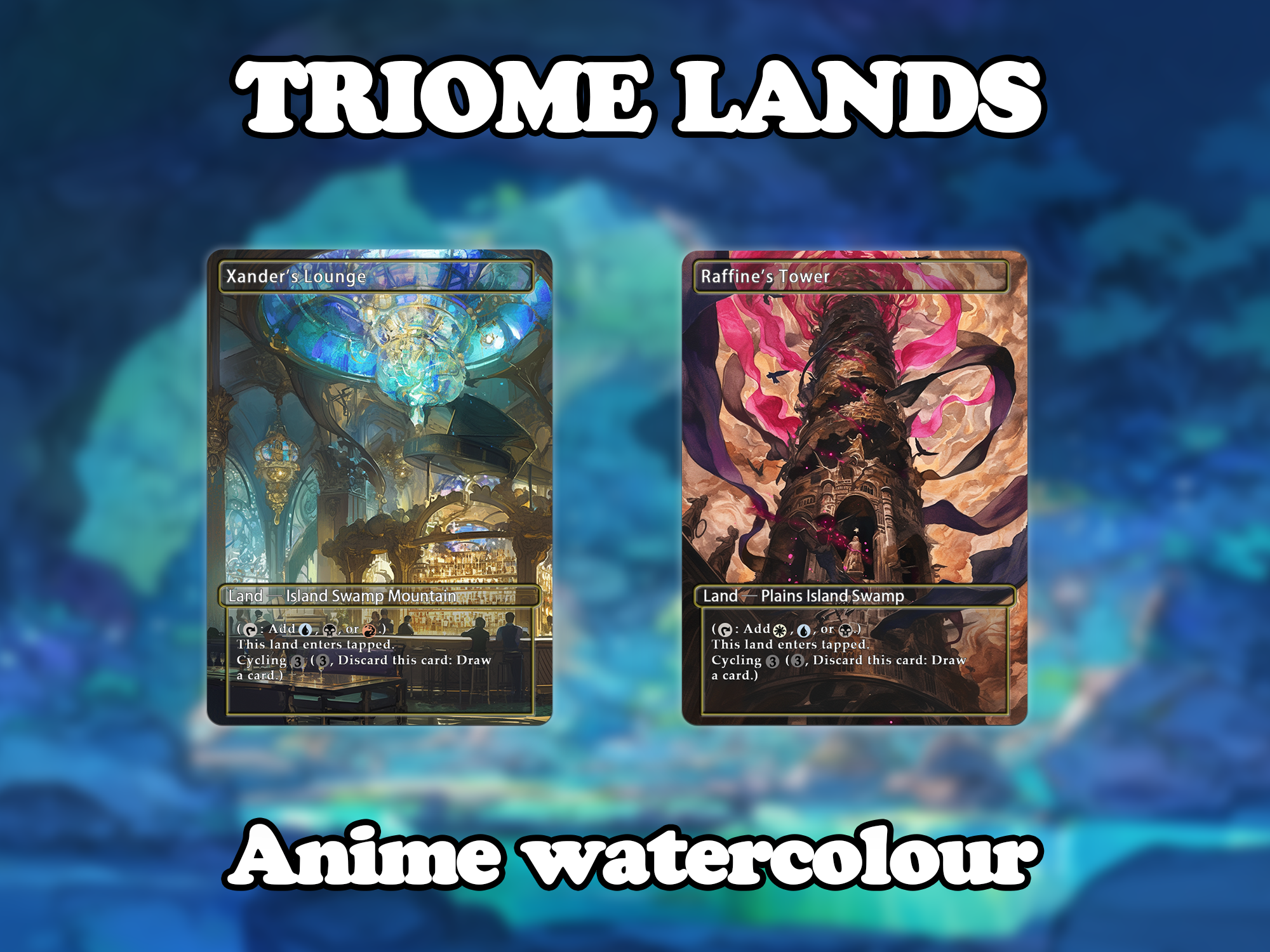 Triome land pack (10 cards) Anime watercolour lands set of 10 unique borderless custom proxy lands High quality lands for EDH or cEDH