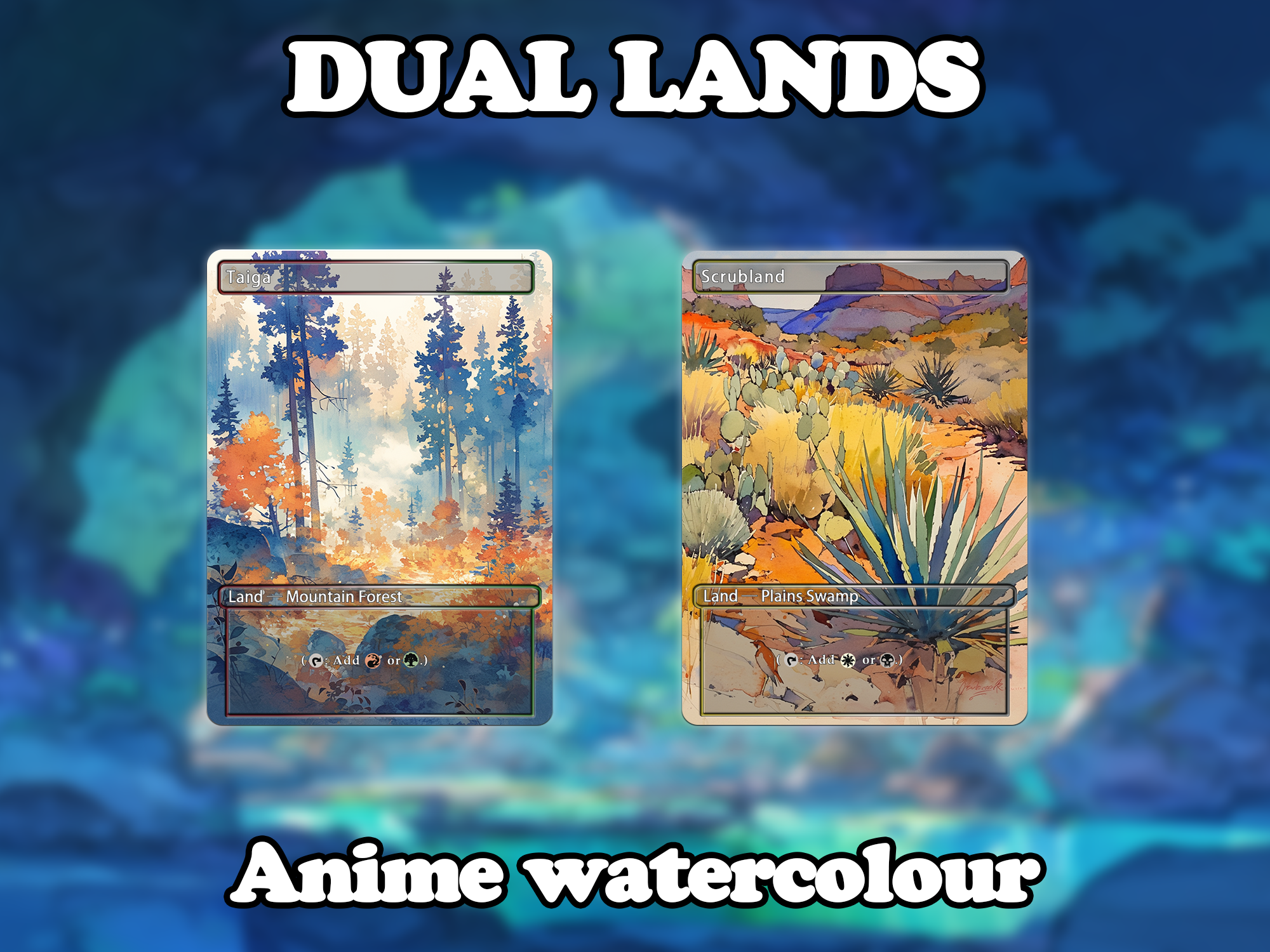 Dual land pack (10 cards) Anime watercolour lands set of 10 unique borderless custom proxy lands High quality lands for EDH or cEDH