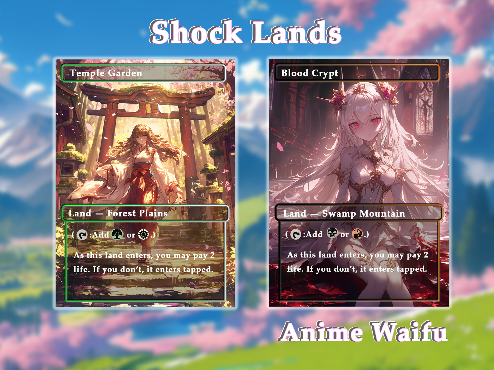 10 Shock Lands Anime Style, Proxy Lands Custom Magic Cards for Commander EDH/cEDH, Anime Waifu Proxy Cards