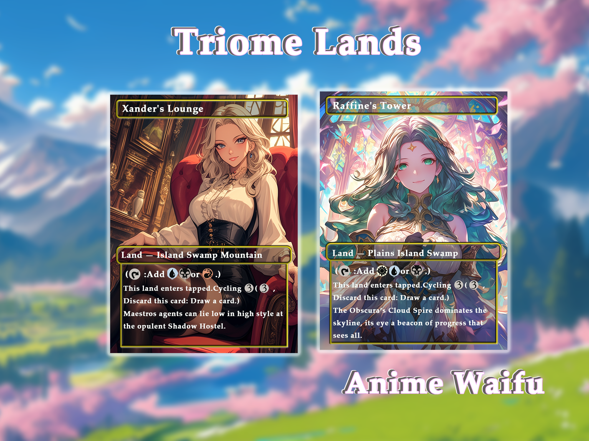 10 Triome land Anime Style, Proxy Lands Custom Magic Cards for Commander EDH/cEDH, Anime Waifu Proxy Cards
