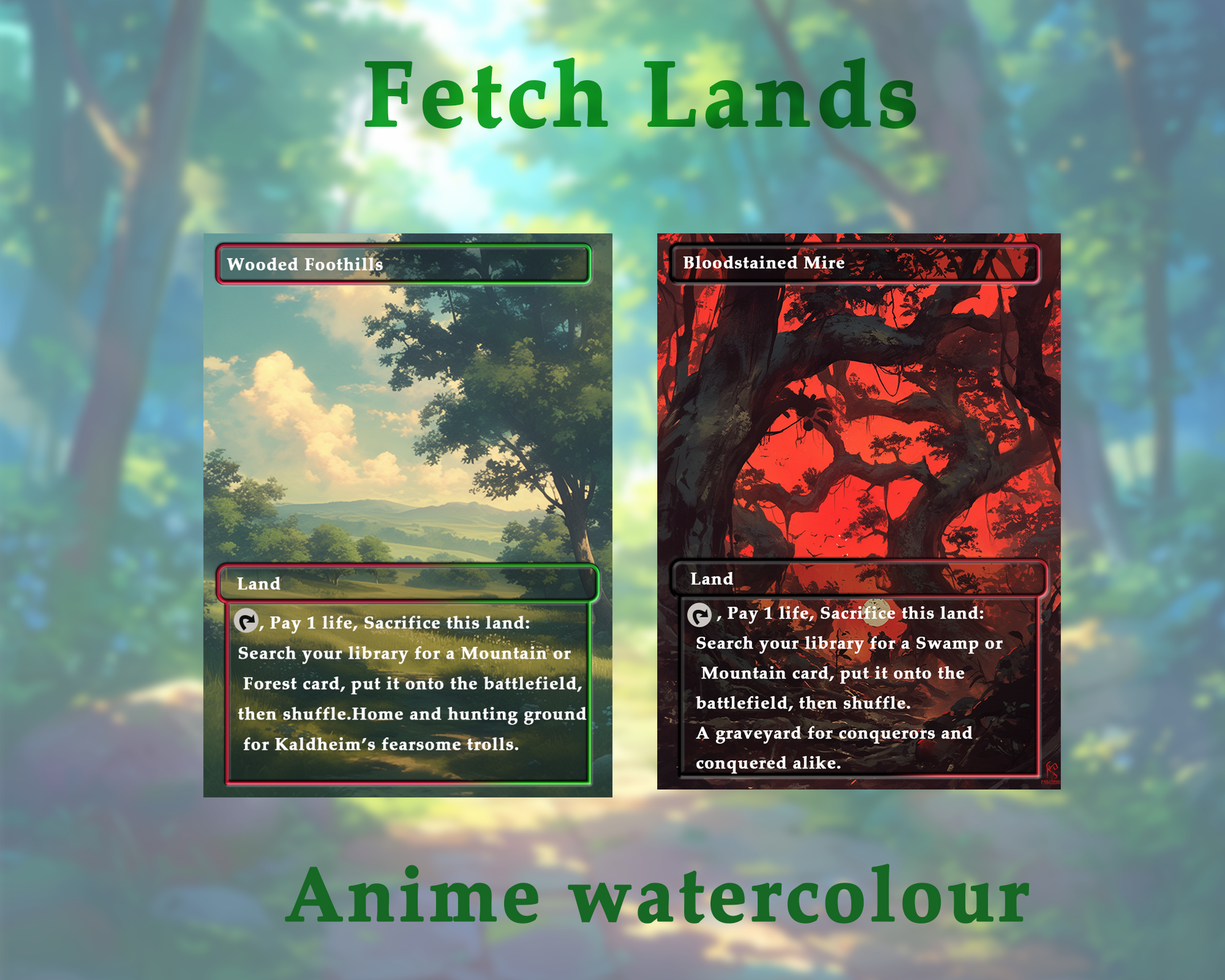 Fetch Lands pack (10+ cards) Anime watercolour lands set of 10+ unique borderless custom MTG proxy lands High quality lands for EDH or cEDH
