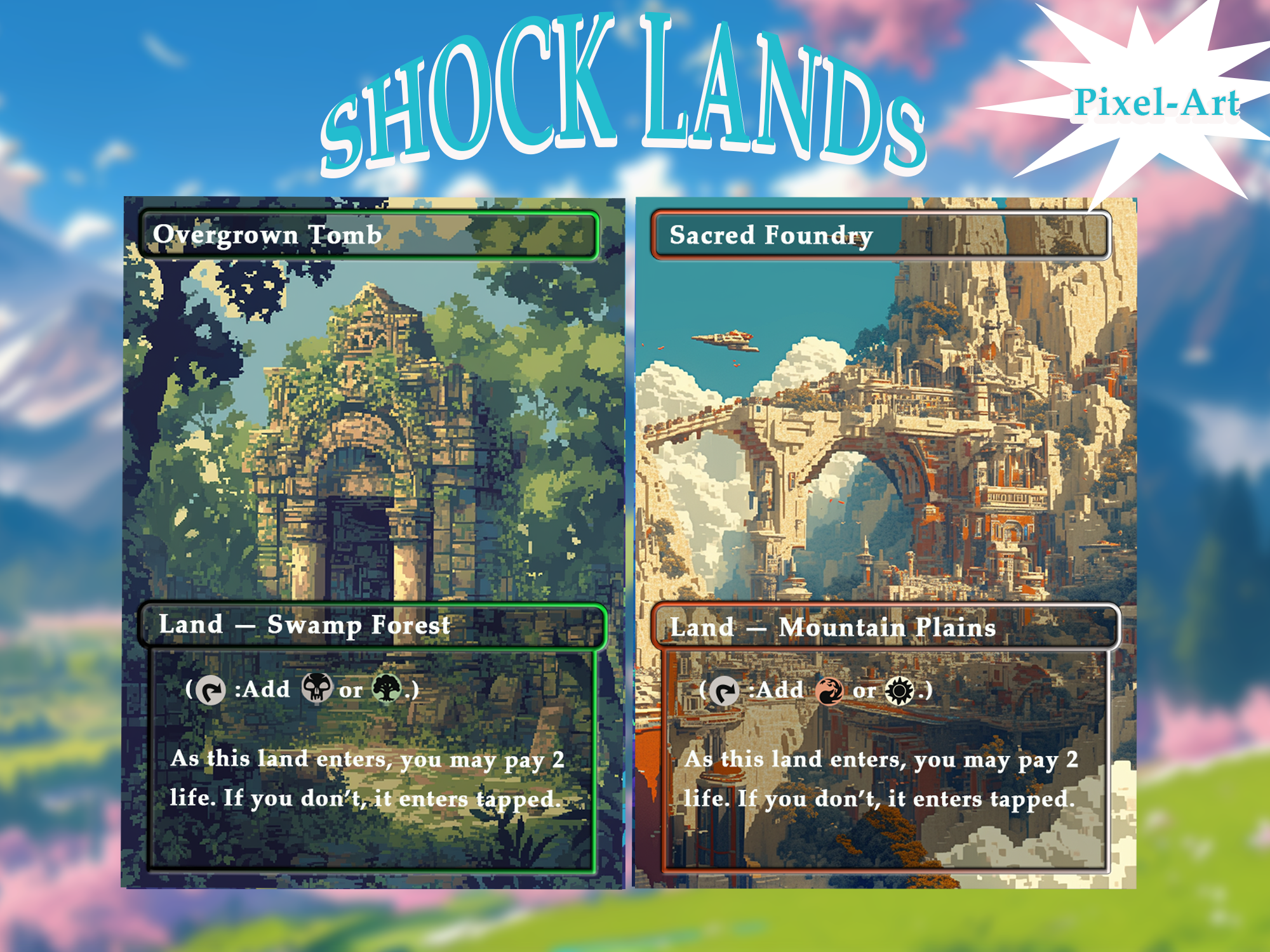 Shock land pack (10+ cards) Pixel-Art lands set of 10+ unique borderless custom proxy lands High quality lands for EDH or cEDH