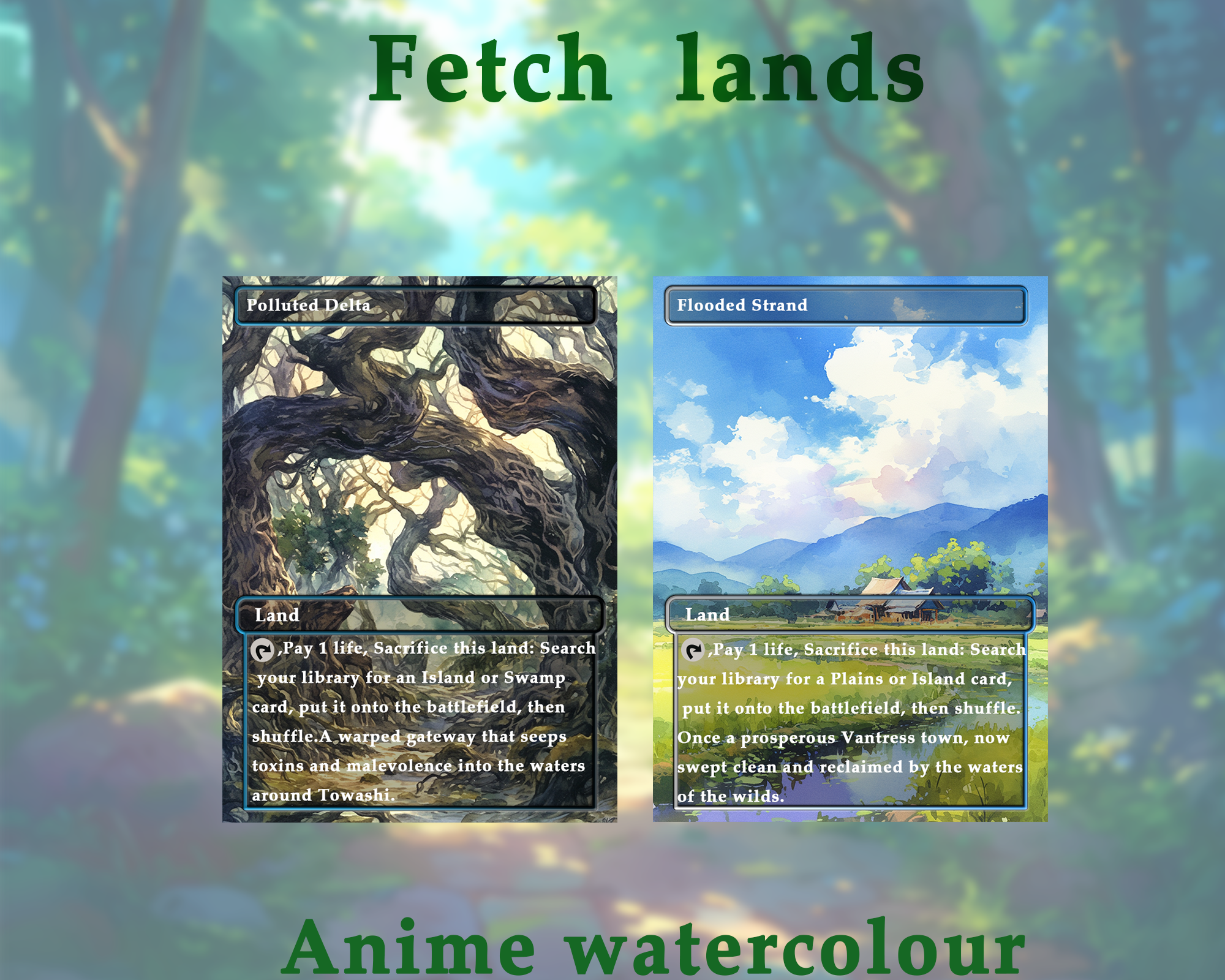 Fetch Lands pack (10+ cards) Anime watercolour lands set of 10+ unique borderless custom MTG proxy lands High quality lands for EDH or cEDH