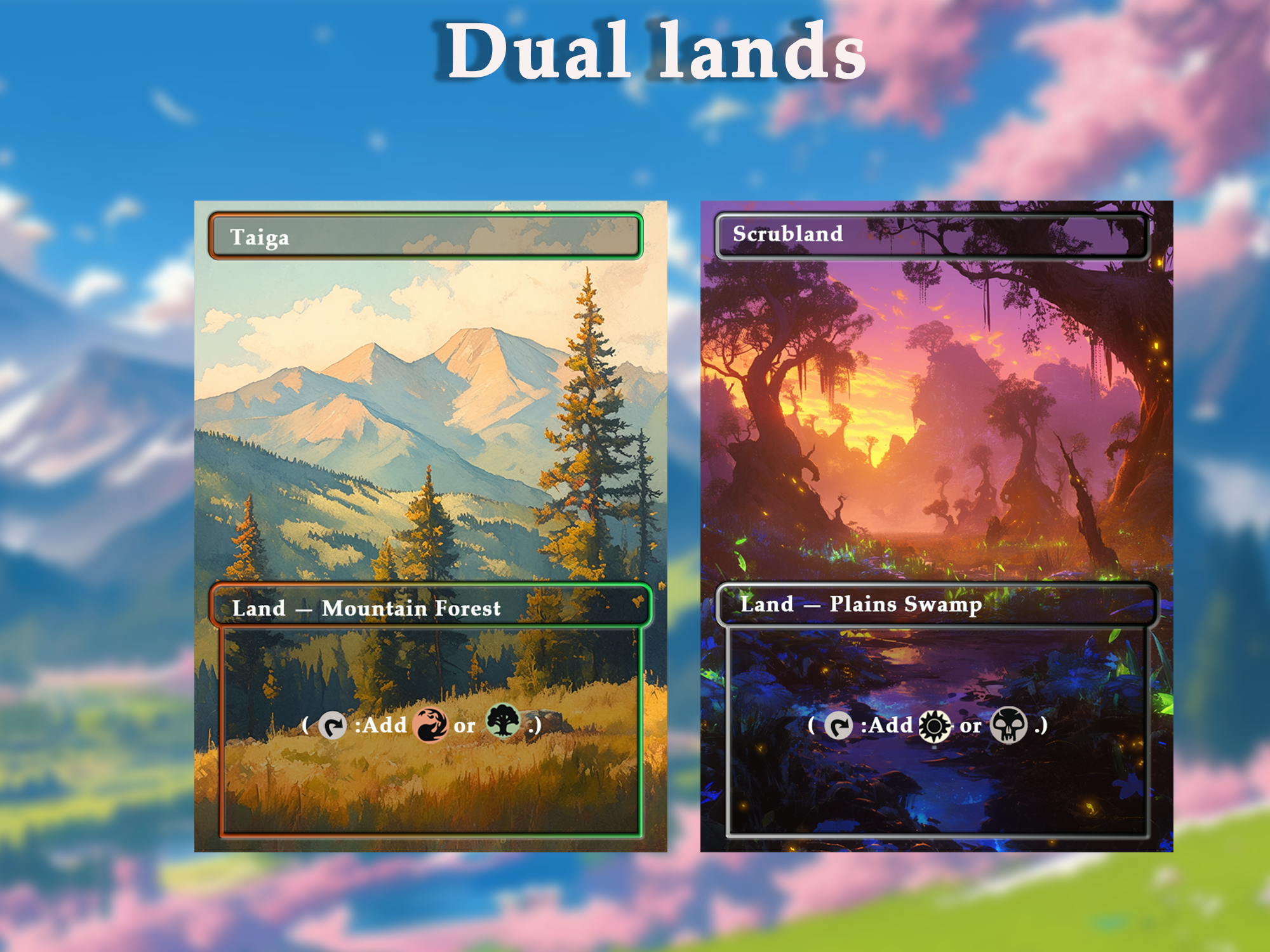 Dual land pack (10+ cards) Anime watercolour lands set of 10+ unique borderless custom proxy lands High quality lands for EDH or cEDH