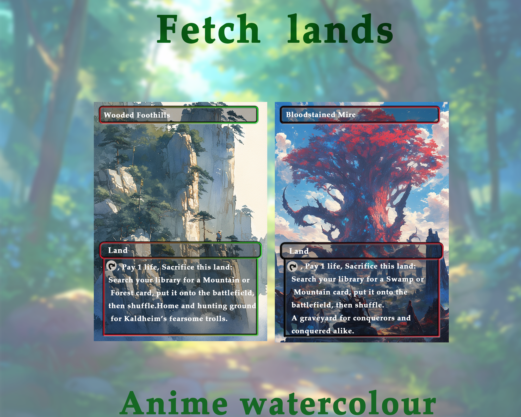 Fetch Lands pack (10+ cards) Anime watercolour lands set of 10+ unique borderless custom MTG proxy lands High quality lands for EDH or cEDH