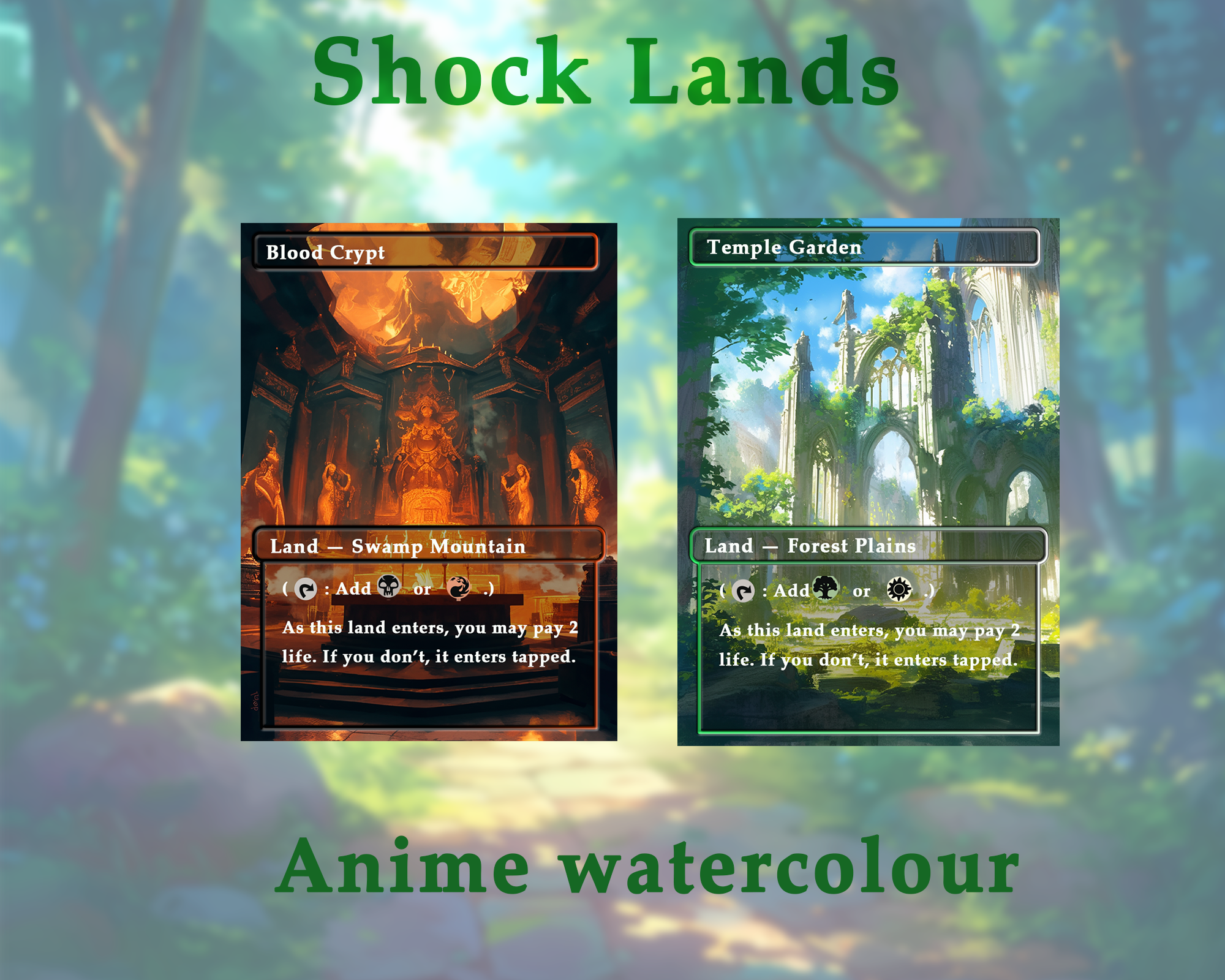Shock land pack (10+ cards) Anime watercolour lands set of 10+ unique borderless custom MTG proxy lands High quality lands for EDH or cEDH