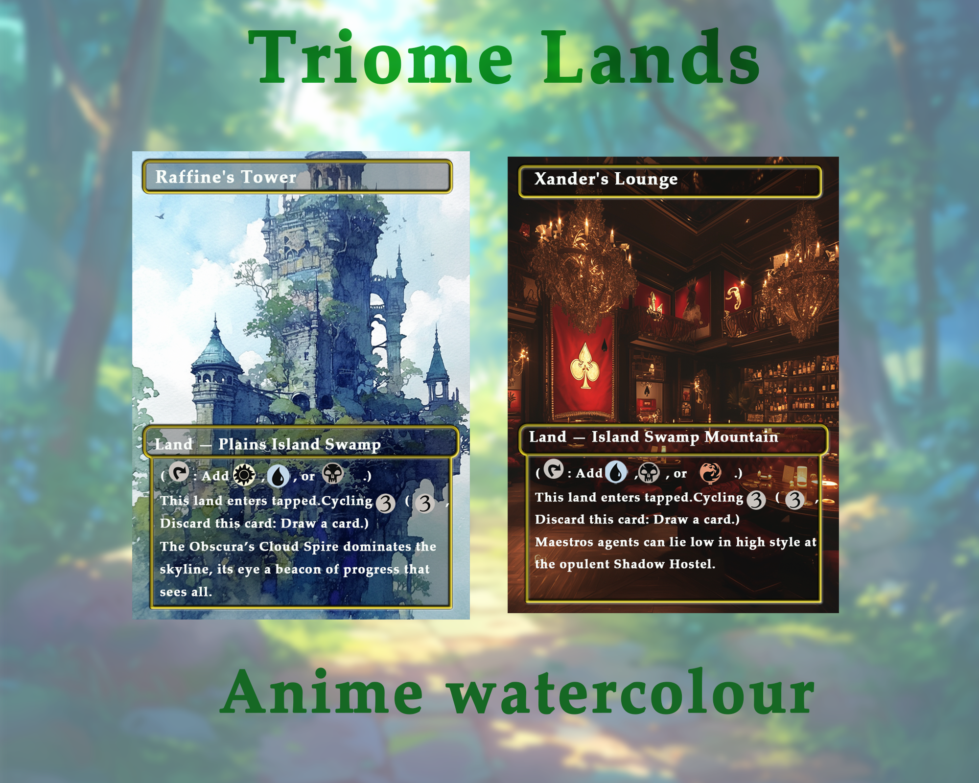 Triome land pack (10+ cards) Anime watercolour lands set of 10+ unique borderless custom MTG proxy lands High quality lands for EDH or cEDH
