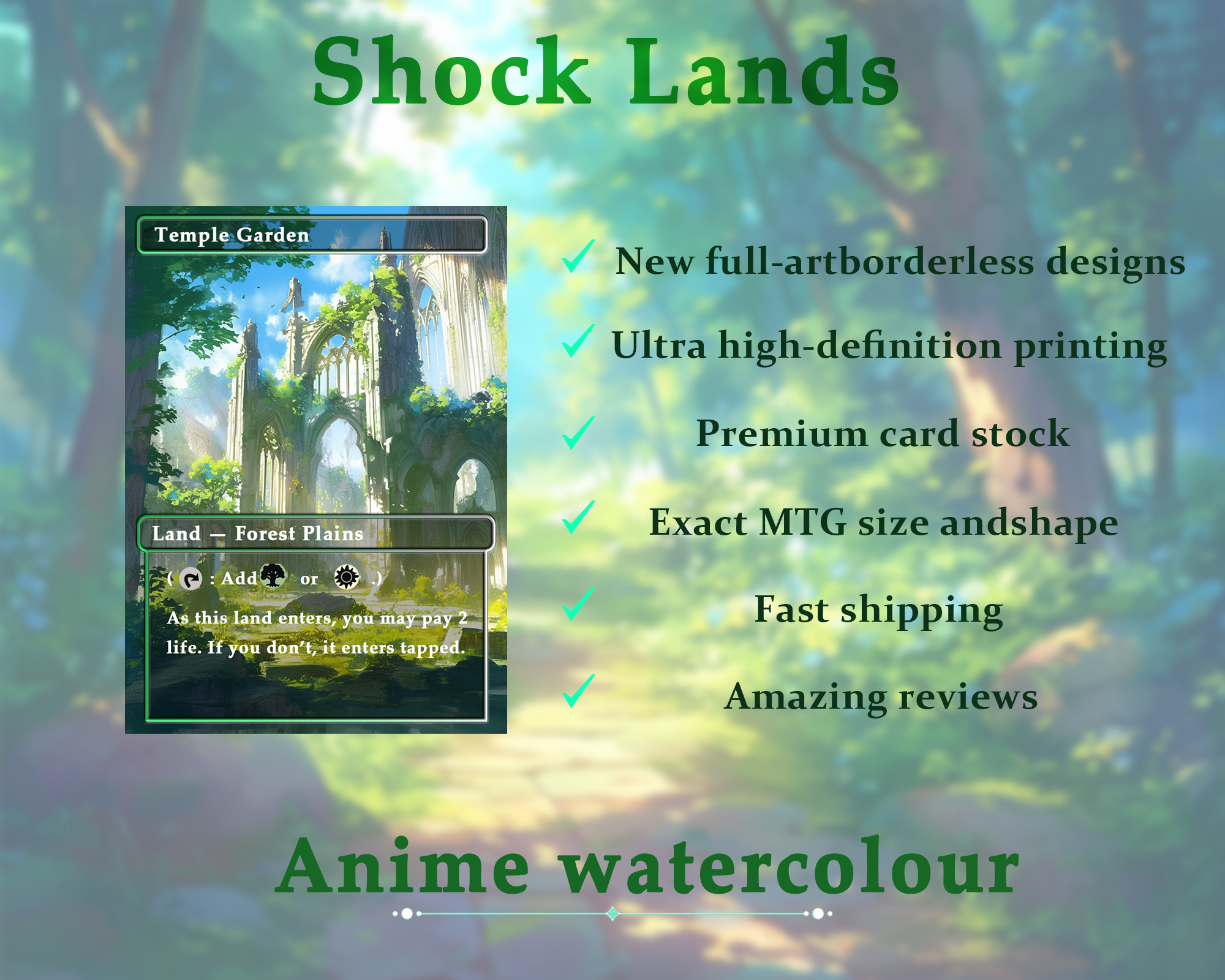 Shock land pack (10+ cards) Anime watercolour lands set of 10+ unique borderless custom MTG proxy lands High quality lands for EDH or cEDH