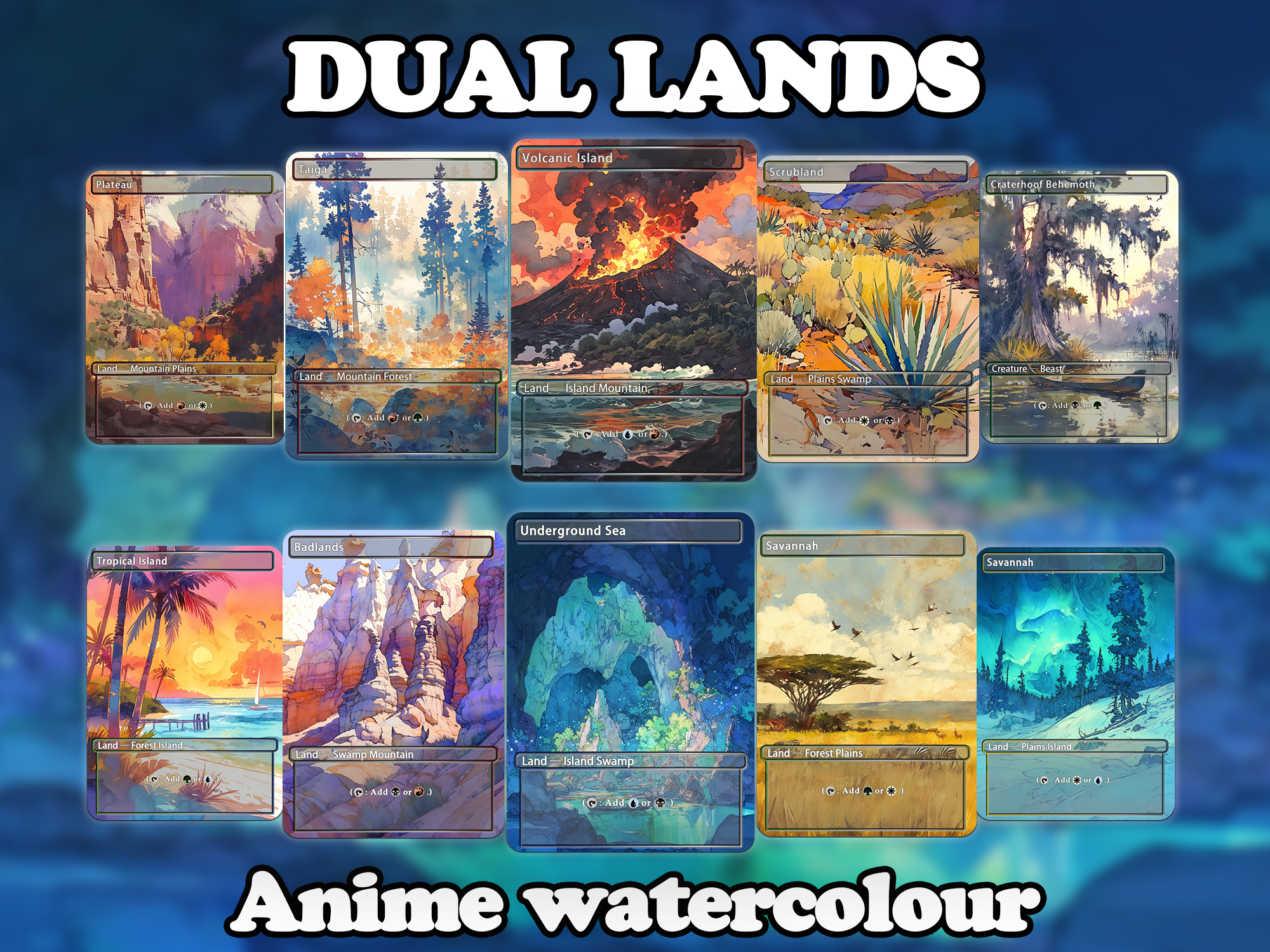 Mega EDH land pack (50+ cards) Anime watercolour lands set of 50 unique borderless custom proxy lands High quality lands for EDH or cEDH