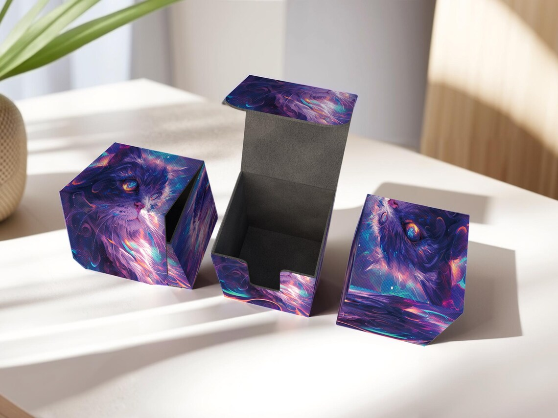 Neon Cat Deck Box - Anime style, 200 Storage Collectible Deck Boxes, Custom Leather Deck Boxes