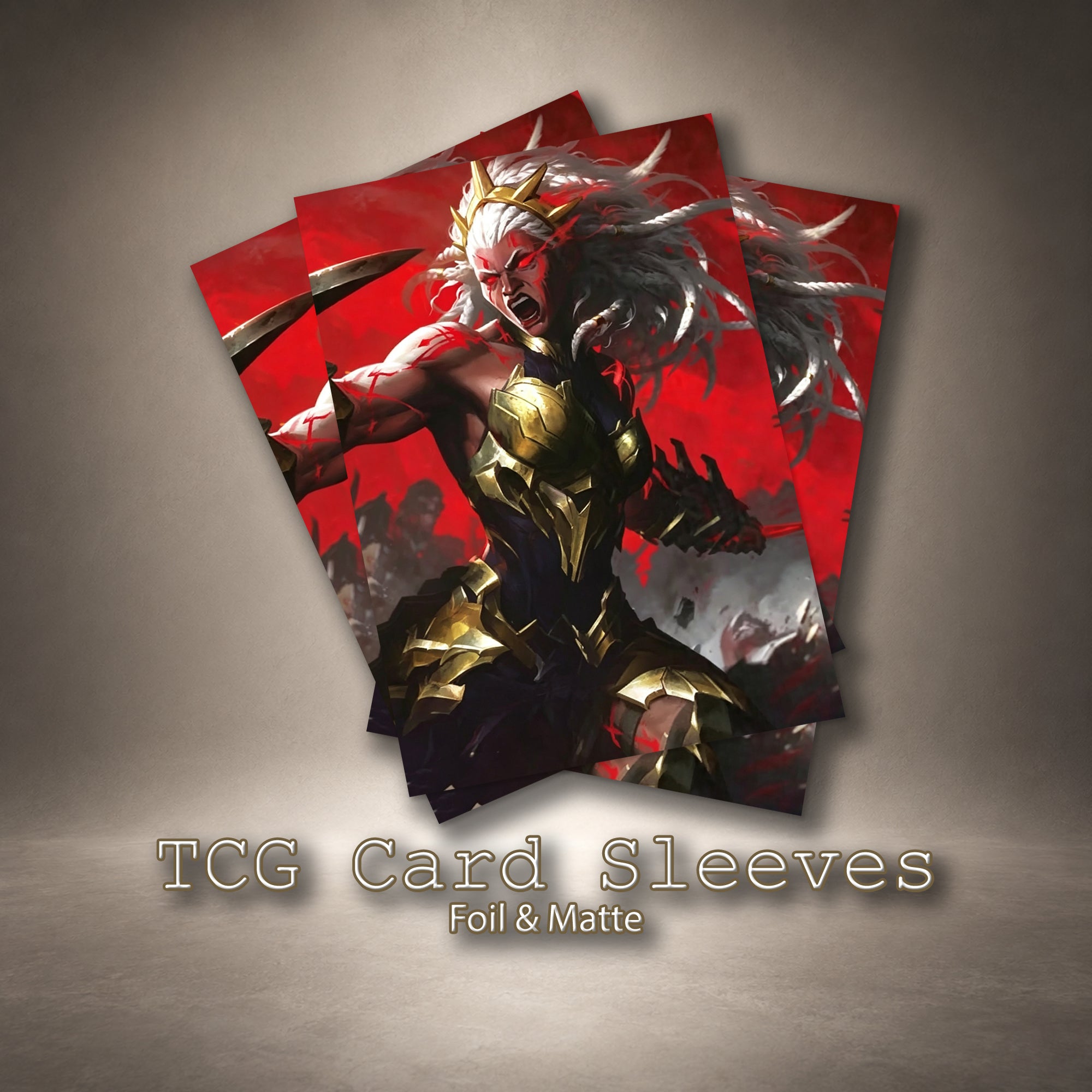 Ambessa TCG Card Sleeves, Armored Warrior Deck Protector, Red Fantasy Battle Card Sleeves
