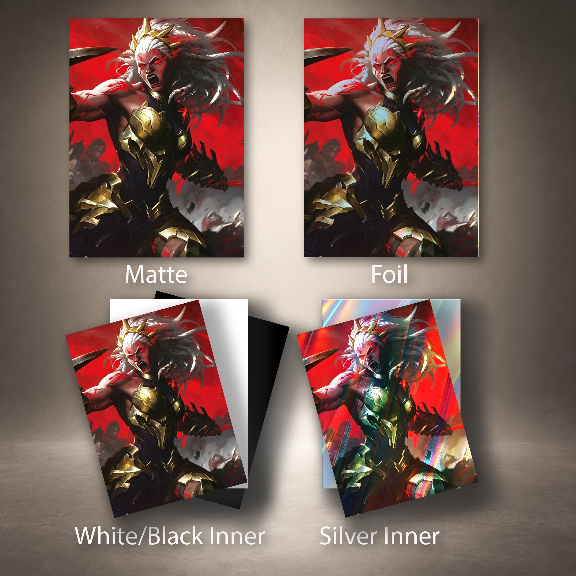 Ambessa TCG Card Sleeves, Armored Warrior Deck Protector, Red Fantasy Battle Card Sleeves