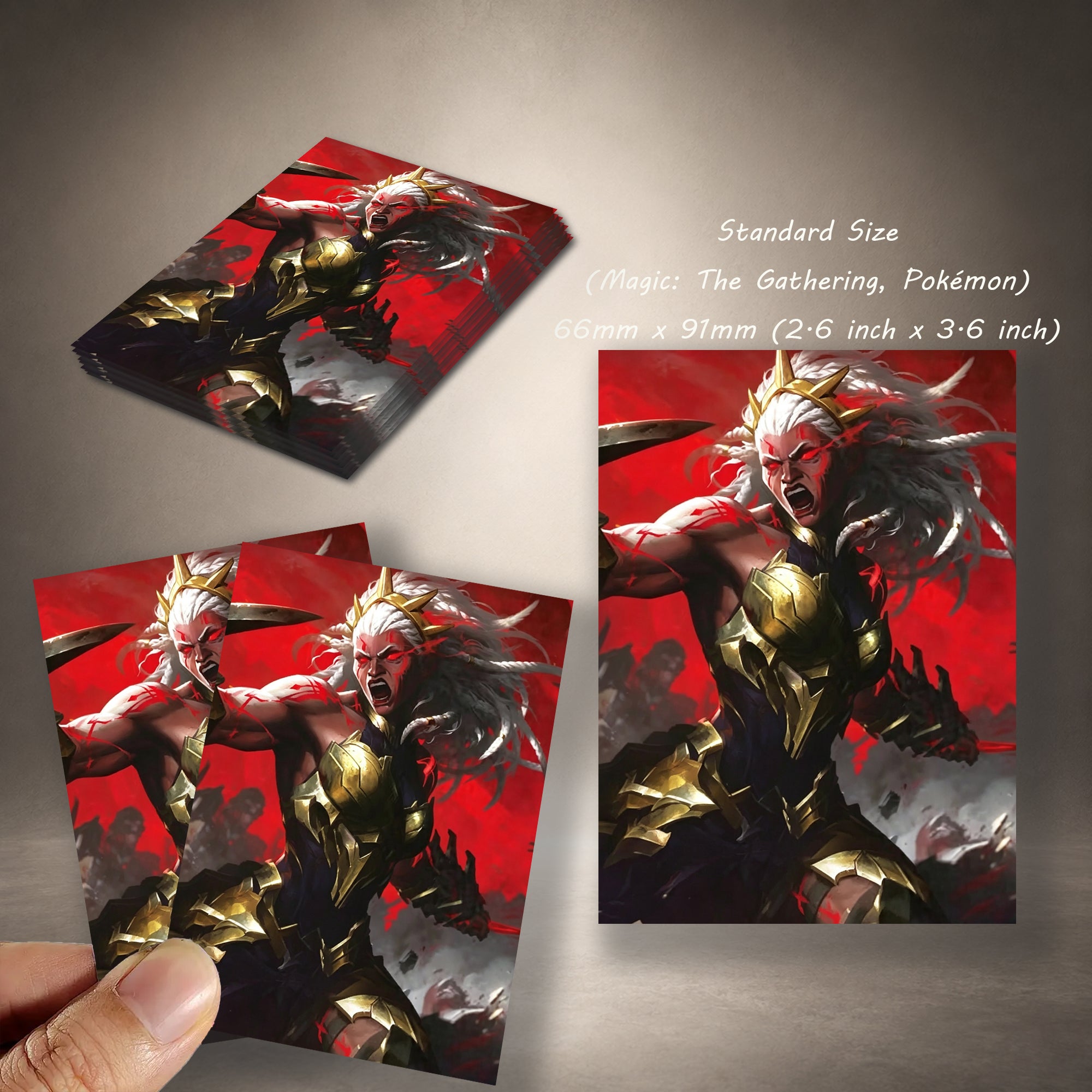 Ambessa TCG Card Sleeves, Armored Warrior Deck Protector, Red Fantasy Battle Card Sleeves