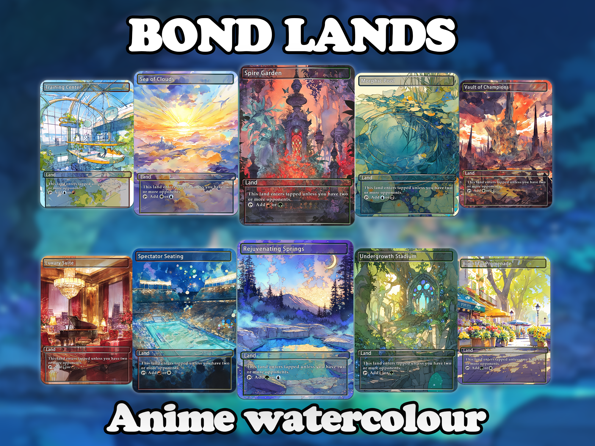 Mega EDH land pack (50+ cards) Anime watercolour lands set of 50 unique borderless custom proxy lands High quality lands for EDH or cEDH